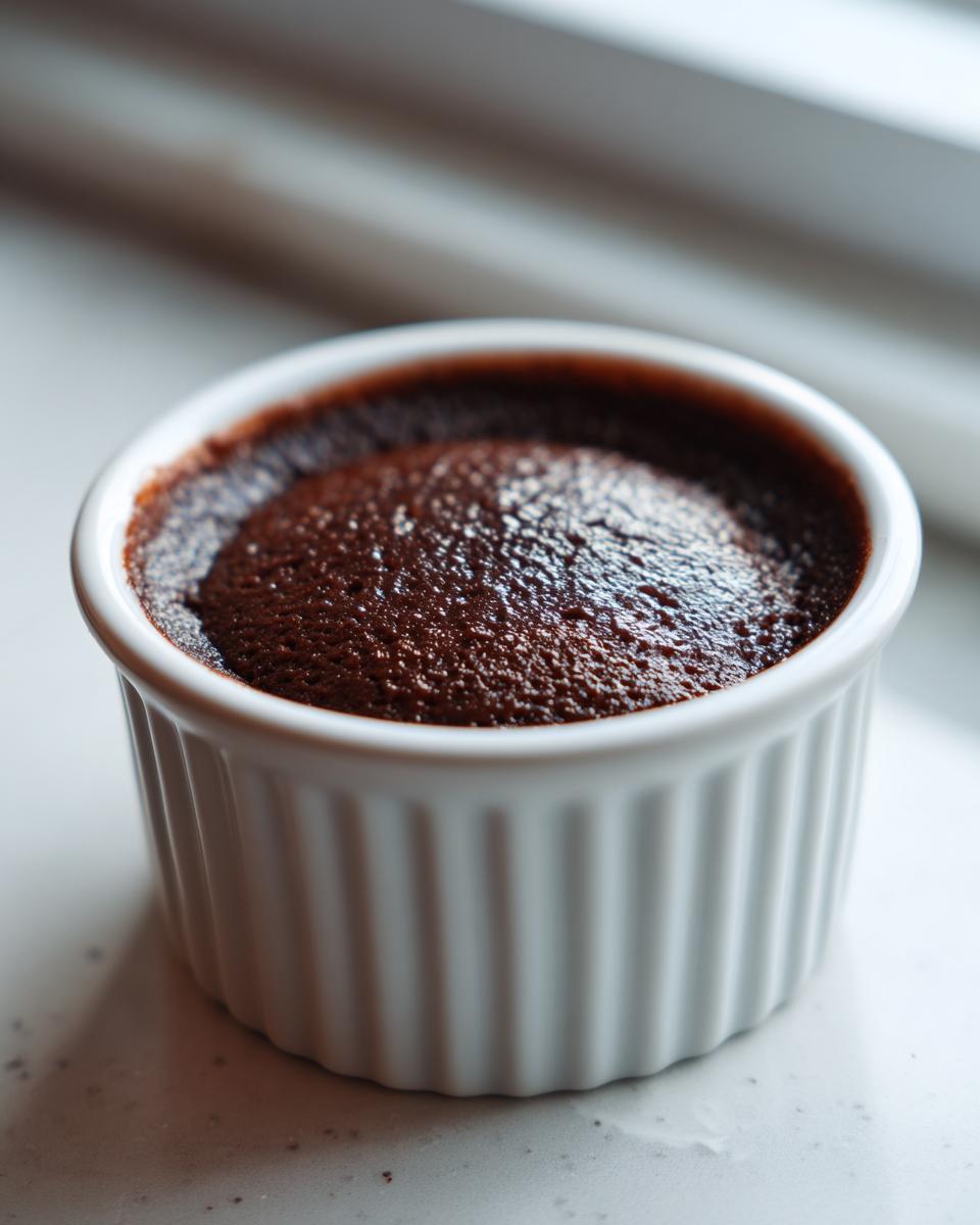 A freshly baked, rich chocolate custard dessert served in a white, fluted ramekin.