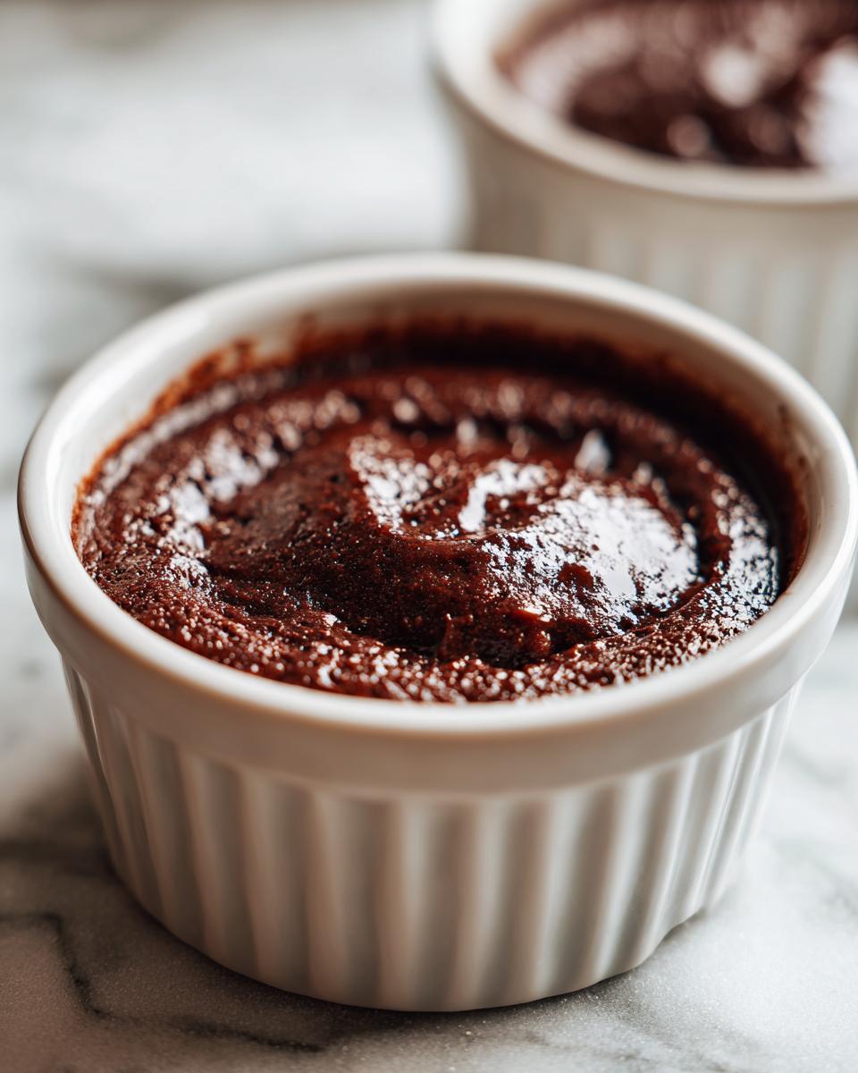 Close-up of a rich, dark chocolate custard dessert baked in a white fluted ramekin, dusted with powdered sugar.