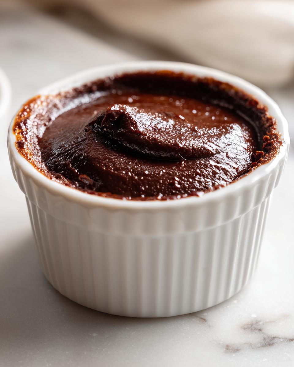 Close-up of a rich, dark chocolate custard served in a white fluted ramekin.