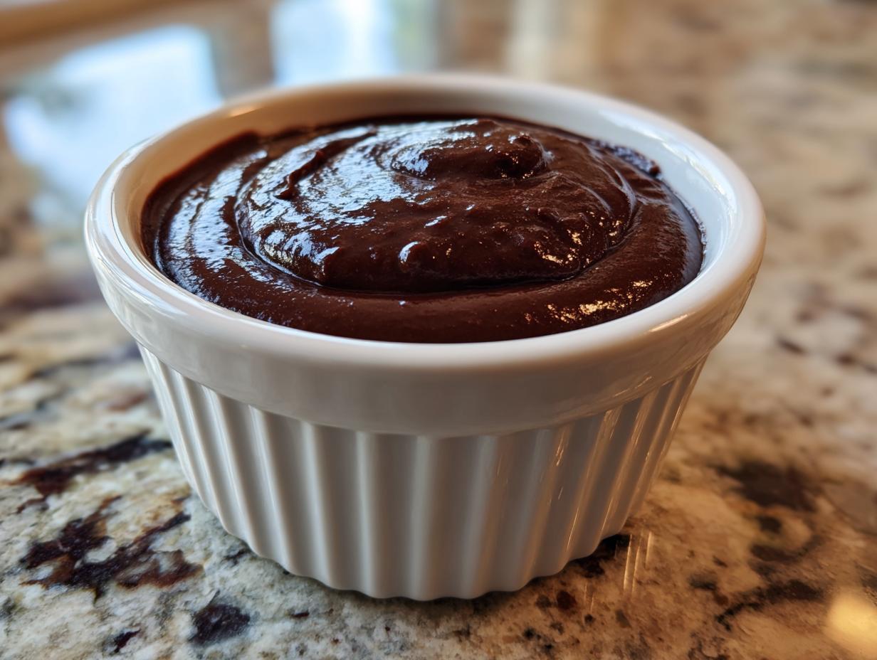 A close-up of glossy, dark Chocolate custard served in a white, fluted ramekin on a granite countertop.