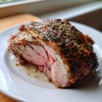 A thick slice of roast leg of lamb showing a pink, medium-rare center and a dark, herbed crust.