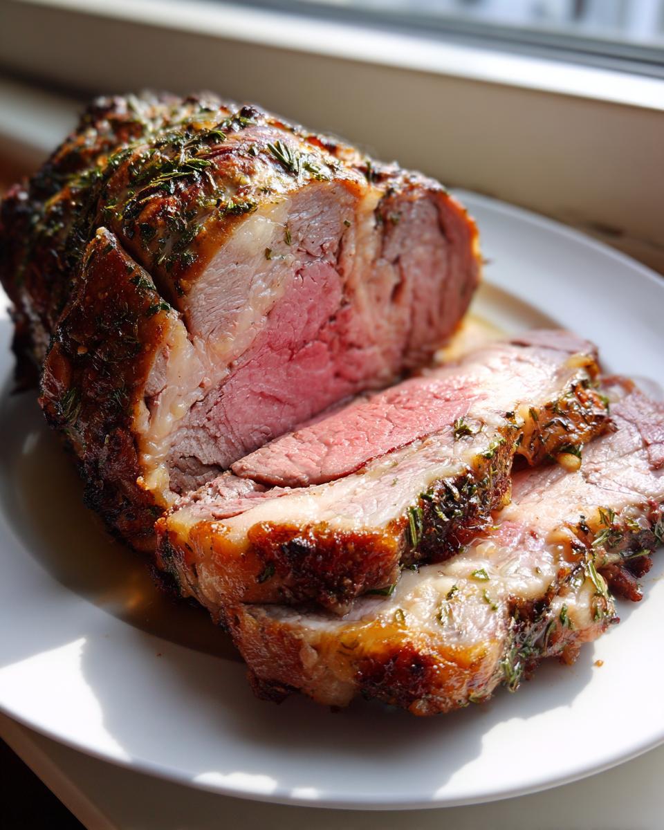 Close-up of a perfectly cooked Roast leg of lamb, sliced to show a medium-rare pink center and herb crust.