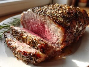 Close-up of a perfectly cooked roast leg of lamb, sliced to show medium-rare interior and thick herb crust.