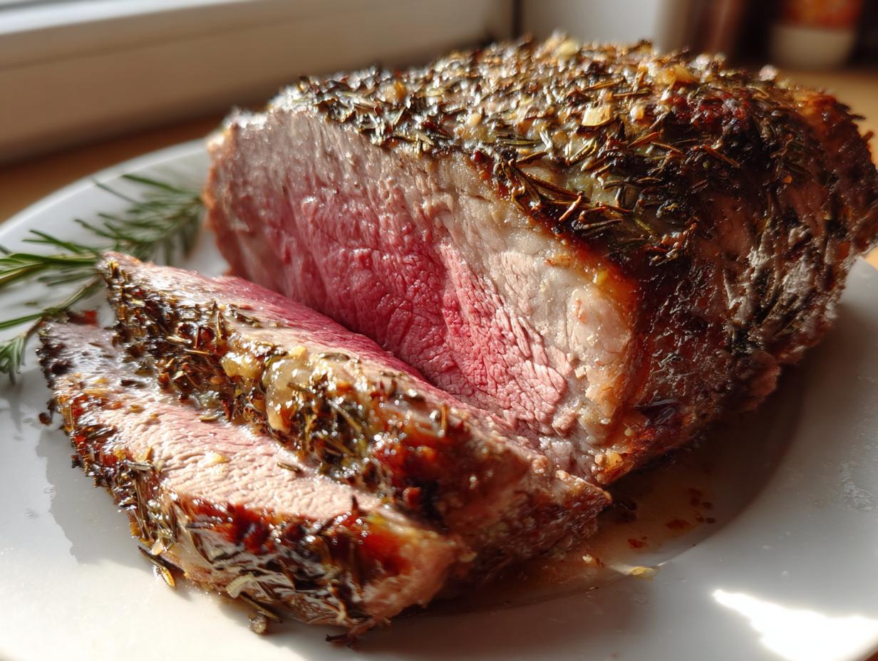 Close-up of a perfectly cooked roast leg of lamb, sliced to show medium-rare interior and thick herb crust.