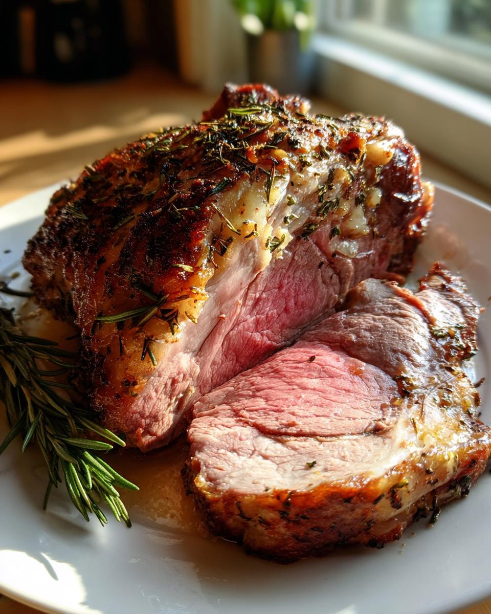 Close-up of a medium-rare Roast leg of lamb, sliced to show the pink interior and herb crust.