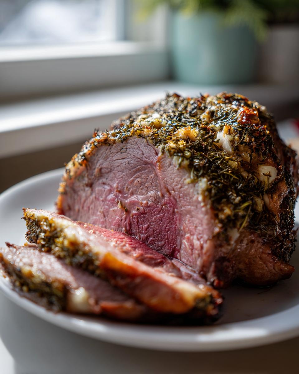 Close-up of a medium-rare Roast leg of lamb, crusted with herbs, sliced on a white plate.