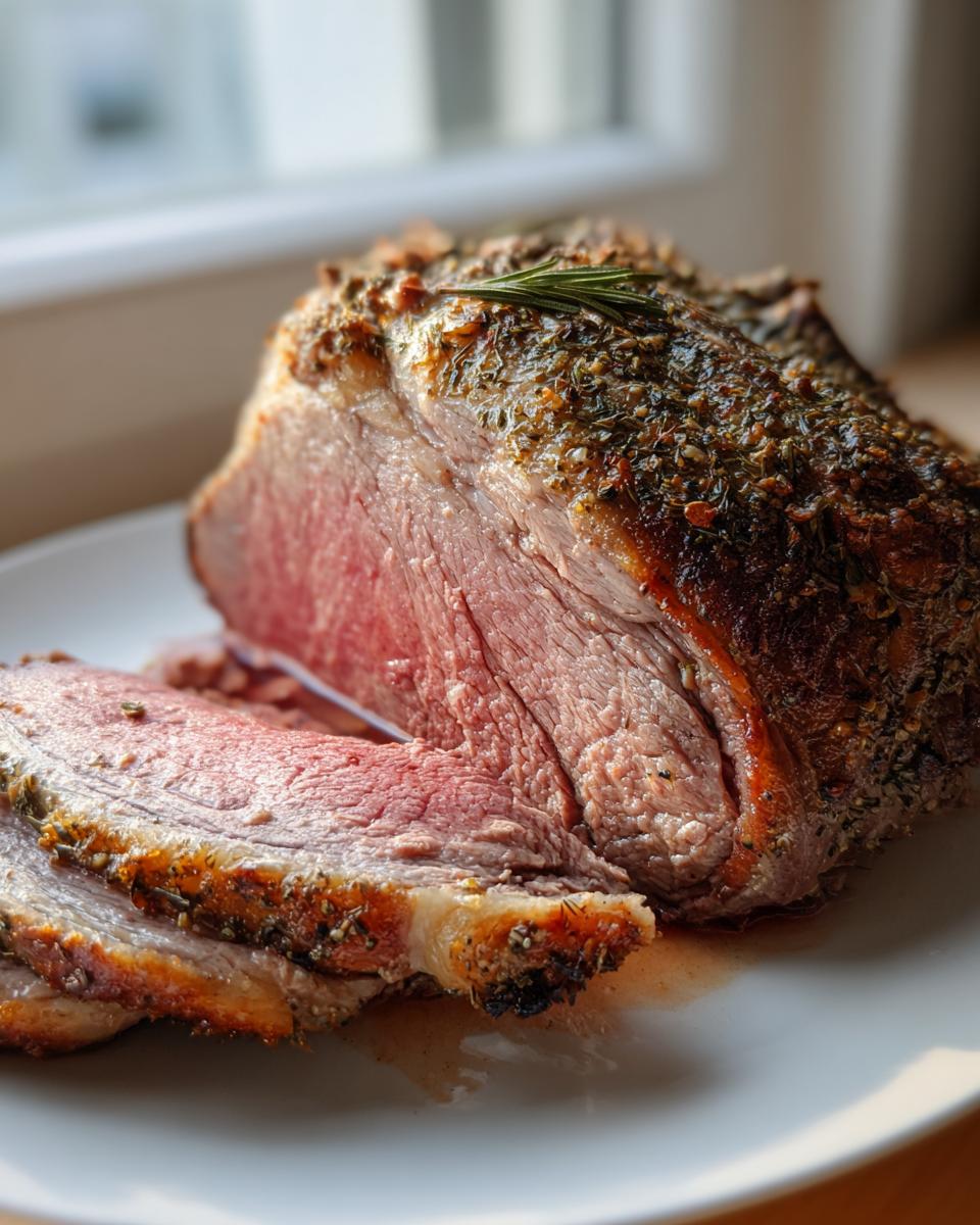 Close-up of a perfectly cooked roast leg of lamb, showing a medium-rare pink center and herb crust, with a few slices cut.