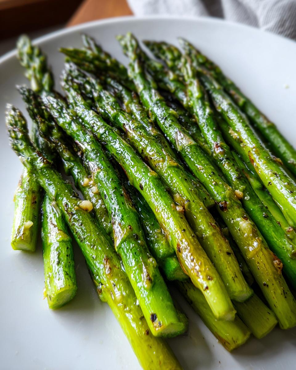 Close-up of bright green, glossy roasted asparagus spears seasoned with garlic and pepper on a white plate.
