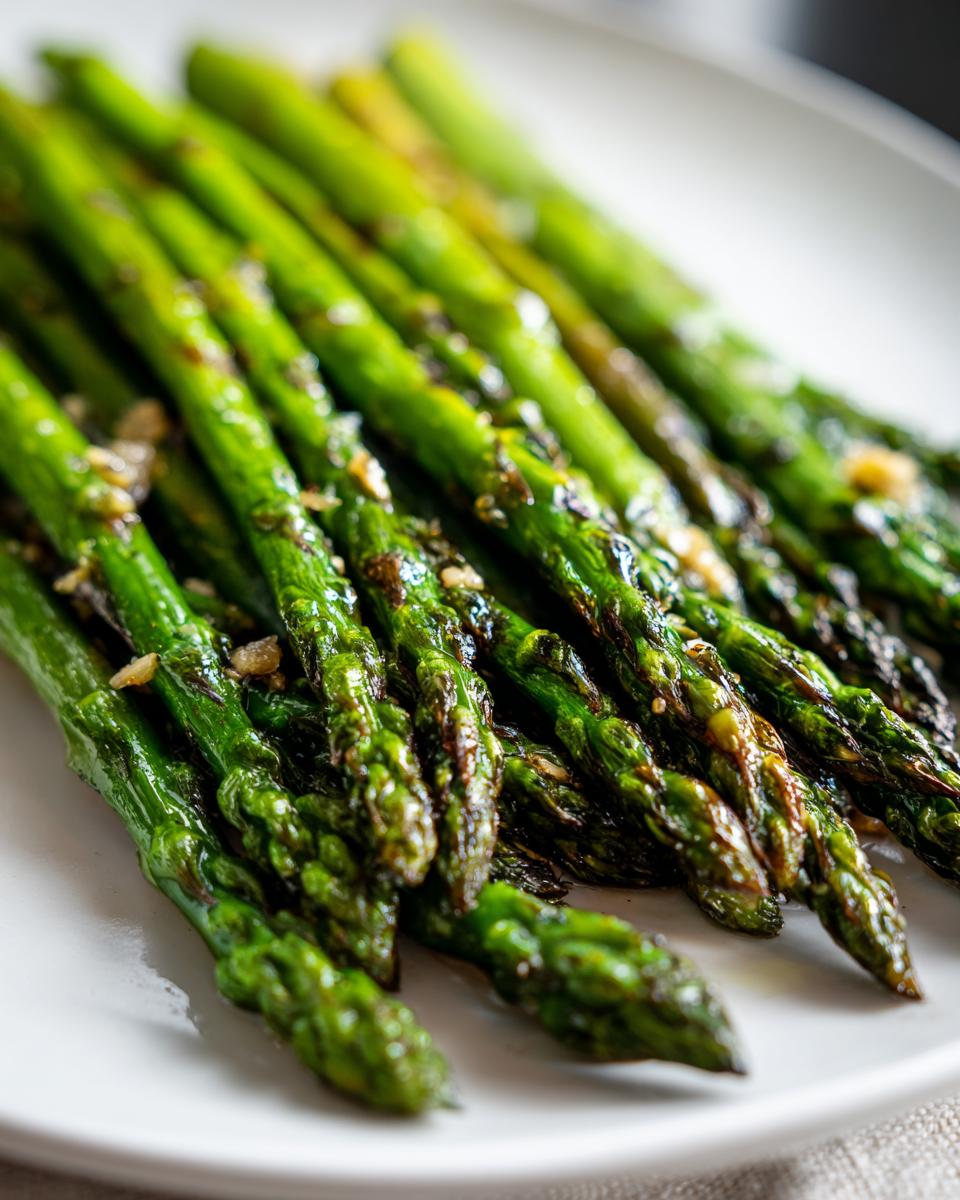 Close-up of vibrant green roasted asparagus spears seasoned with garlic bits on a white plate.