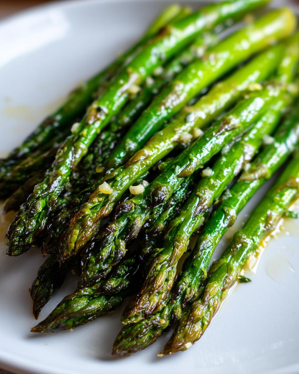 Close-up of bright green roasted asparagus spears glistening with oil and topped with minced garlic.