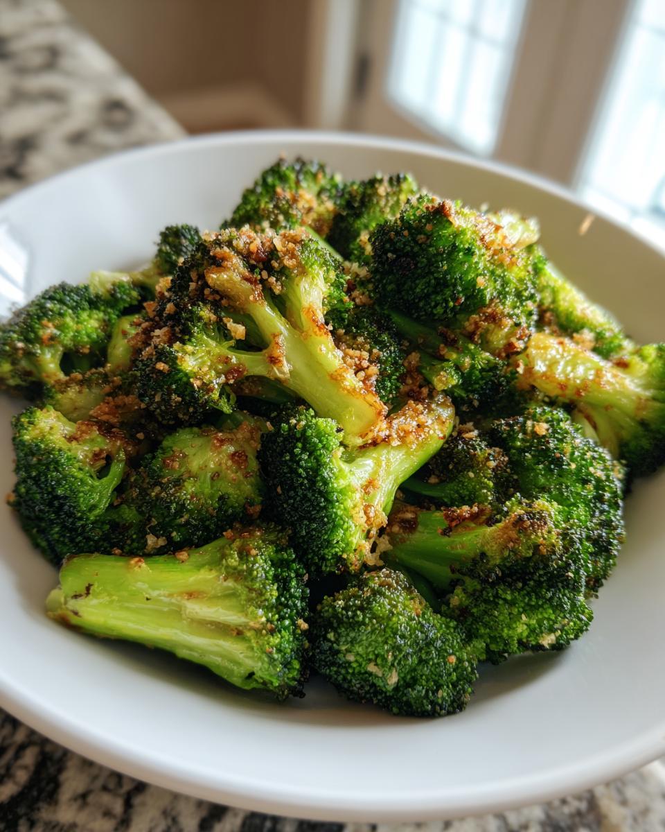 Close-up of vibrant green roasted broccoli florets topped with a savory, crunchy breadcrumb or spice mixture.