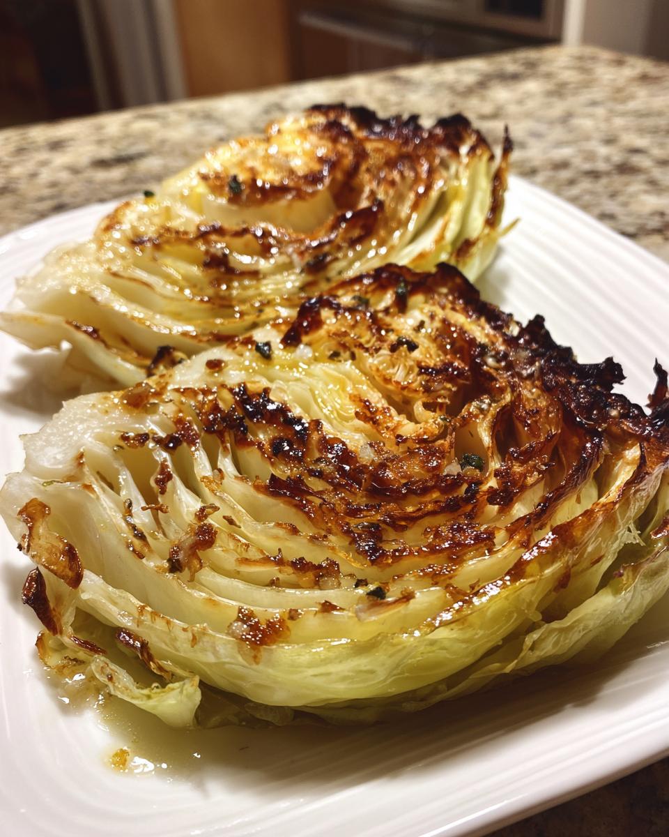 Two thick, roasted cabbage steaks served on a white plate, showing caramelized, browned edges.