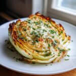 A single, thick slice of roasted cabbage steaks, topped with melted cheese and fresh parsley, served on a white plate.