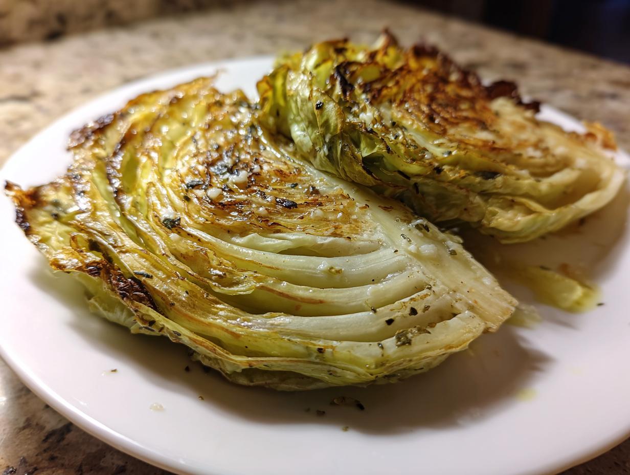 Two seasoned and roasted cabbage steaks showing caramelized edges, served on a white plate.