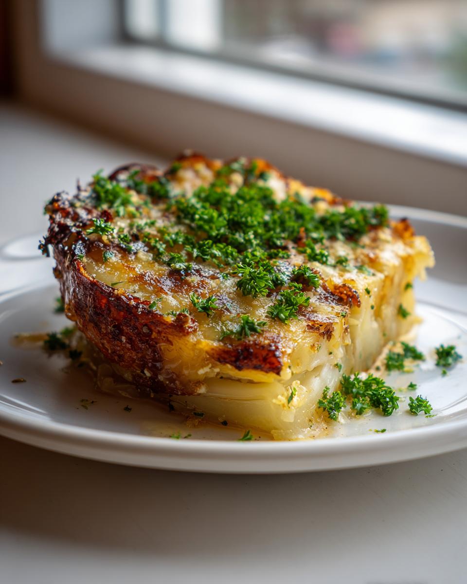 A thick slice of roasted cabbage steaks, layered and topped with melted cheese and fresh parsley.