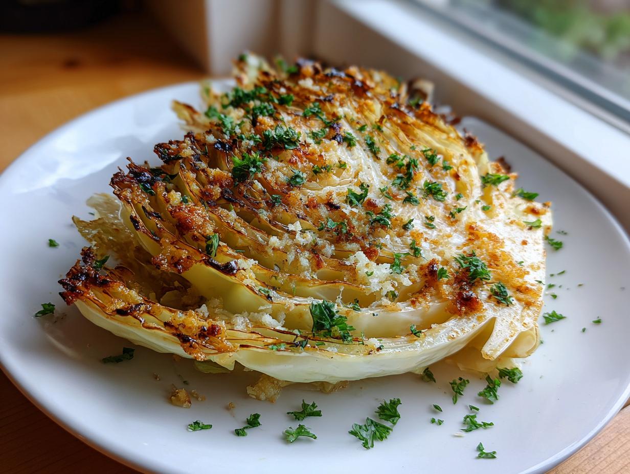 A thick wedge of roasted cabbage steaks, beautifully browned and topped with breadcrumbs and fresh parsley.