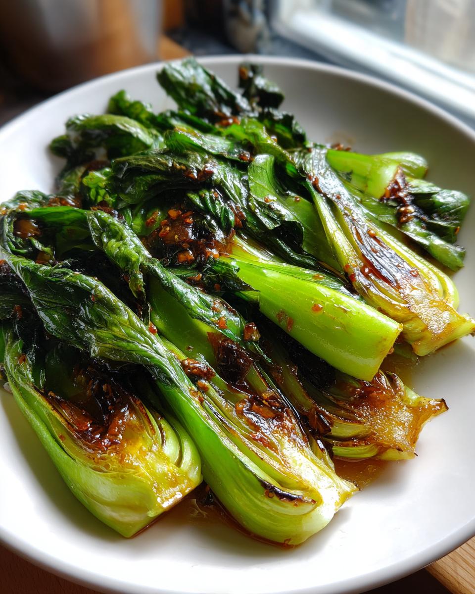 Close-up of vibrant green sauteed bok choy coated in a savory, dark brown glaze served on a white plate.