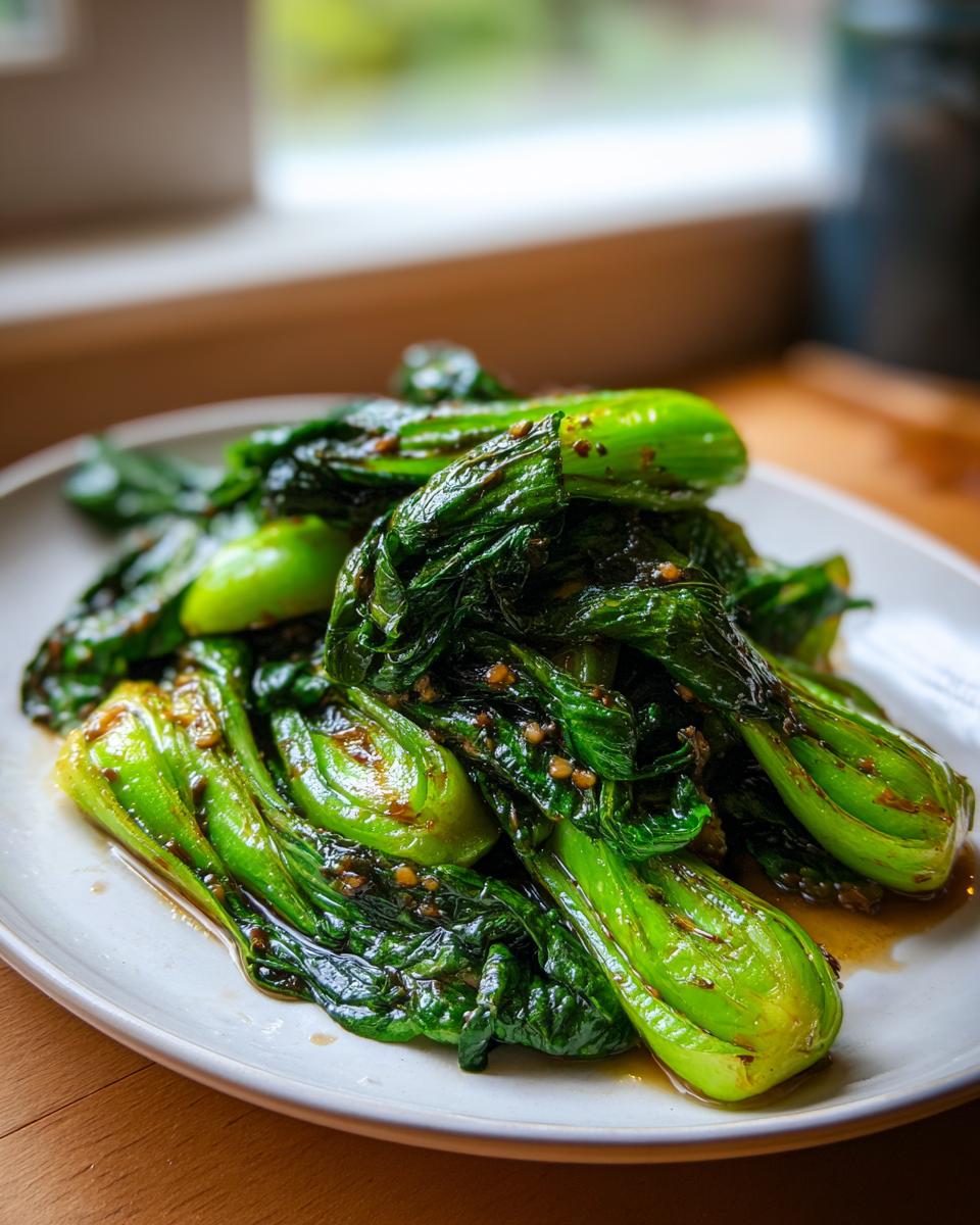 A close-up of vibrant green, glossy sauteed bok choy coated in a savory brown sauce, served on a white plate.