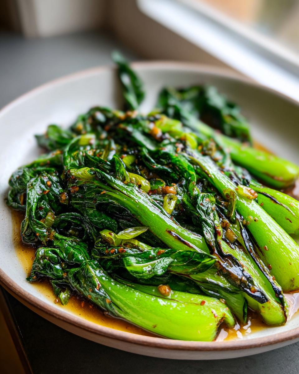 Close-up of vibrant green, glossy sauteed bok choy coated in a savory brown sauce and spices.