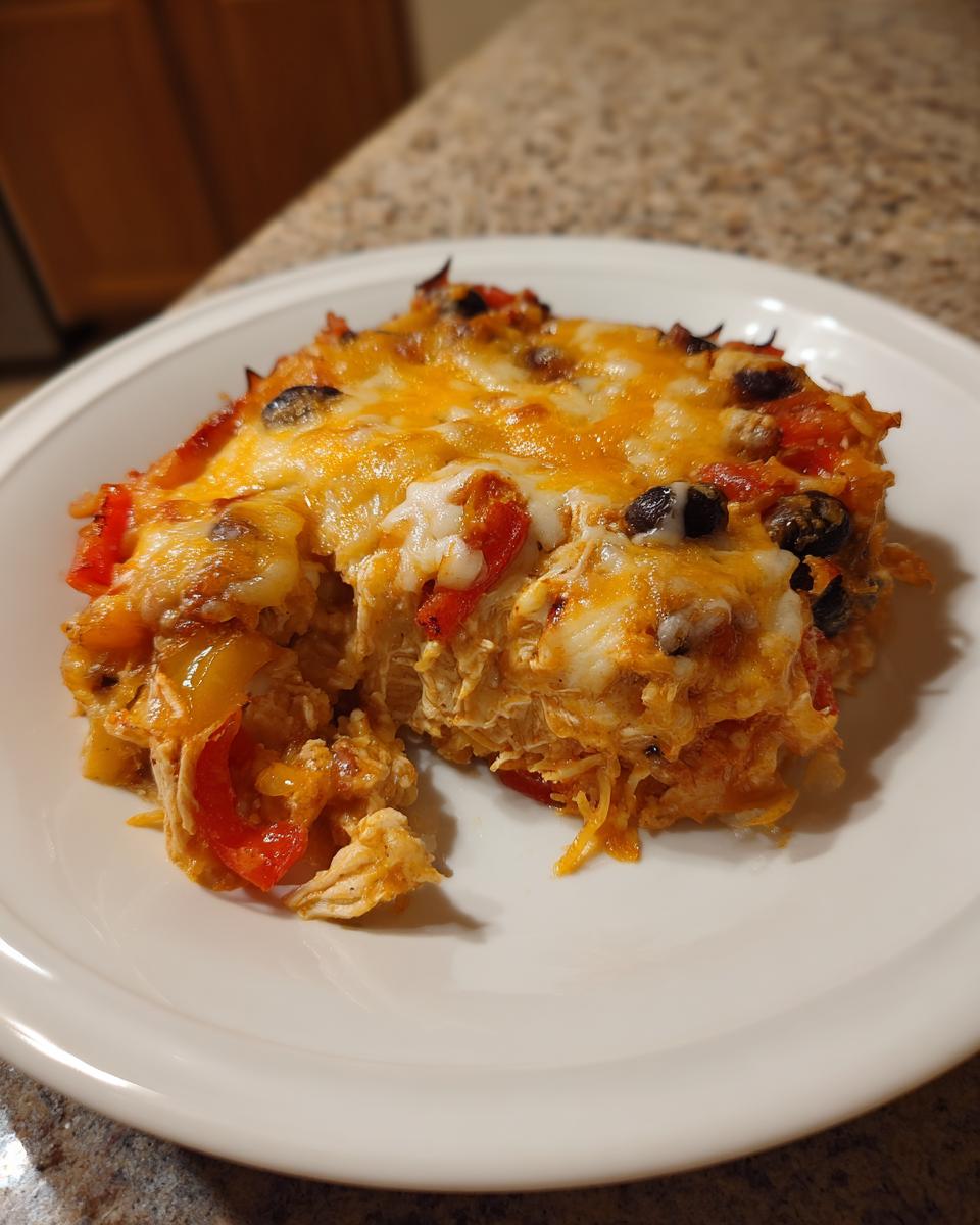 A warm serving of fajita chicken casserole topped with melted cheddar and Monterey Jack cheese, peppers, and black olives.