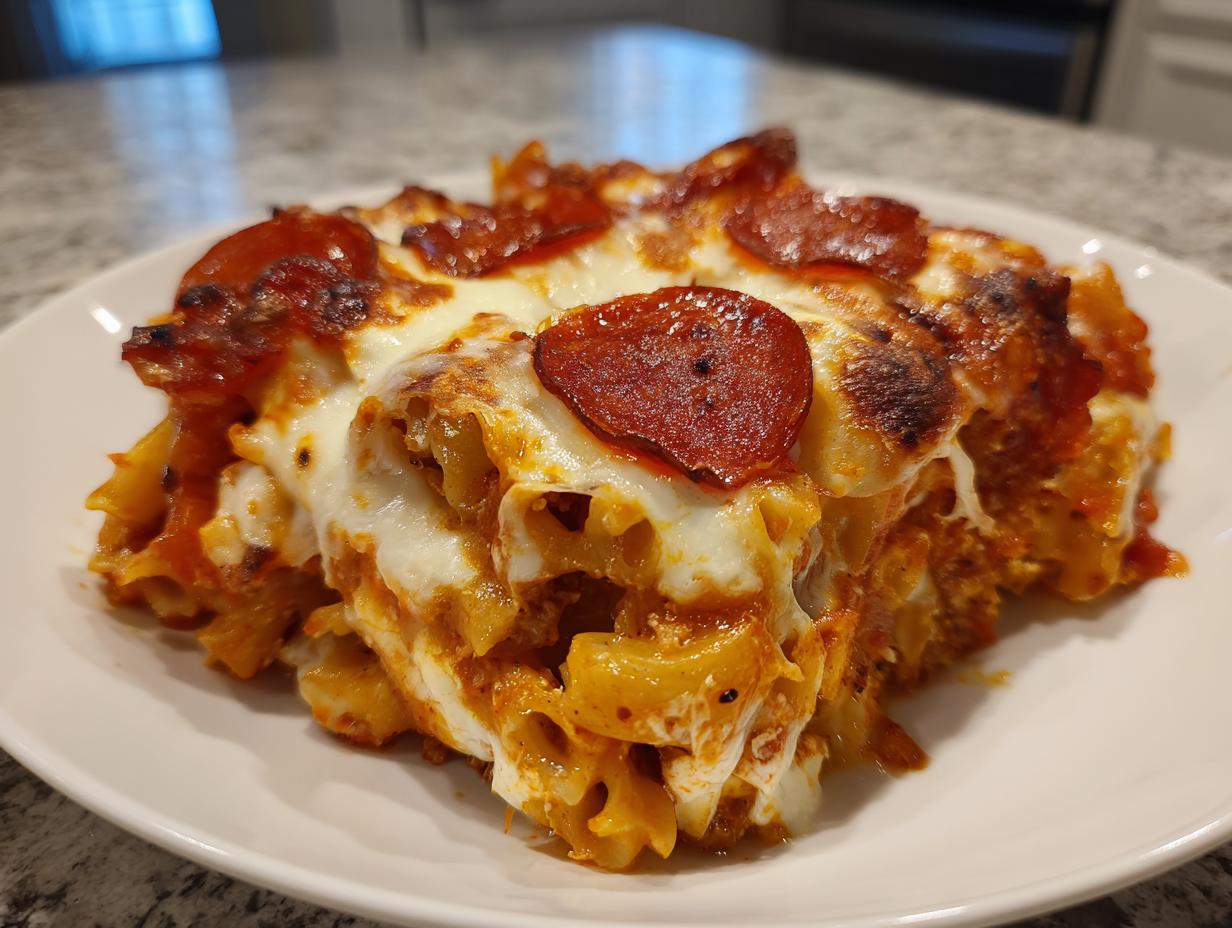 A close-up serving of baked pasta covered in melted cheese, tomato sauce, and pepperoni slices, ready to eat pizza pasta bake.