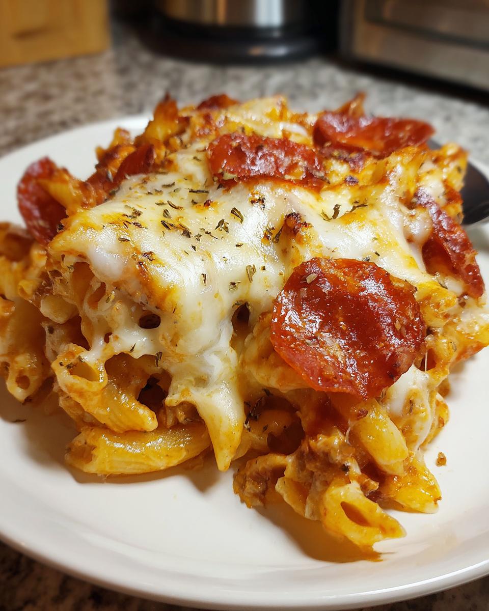 A close-up serving of cheesy pizza pasta bake topped with melted mozzarella and pepperoni slices.