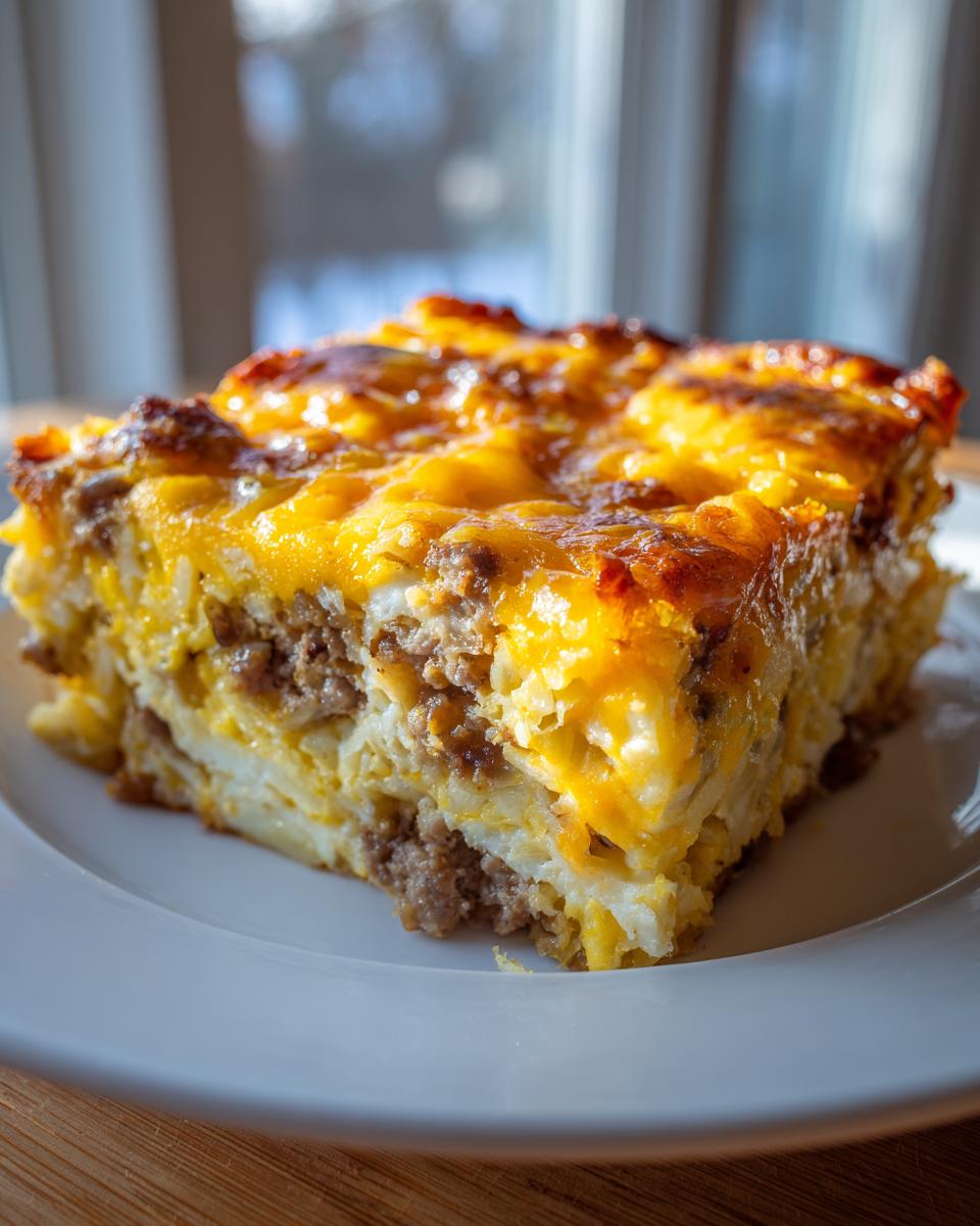 A square slice of hearty breakfast casserole featuring sausage, eggs, and melted cheddar cheese topping.