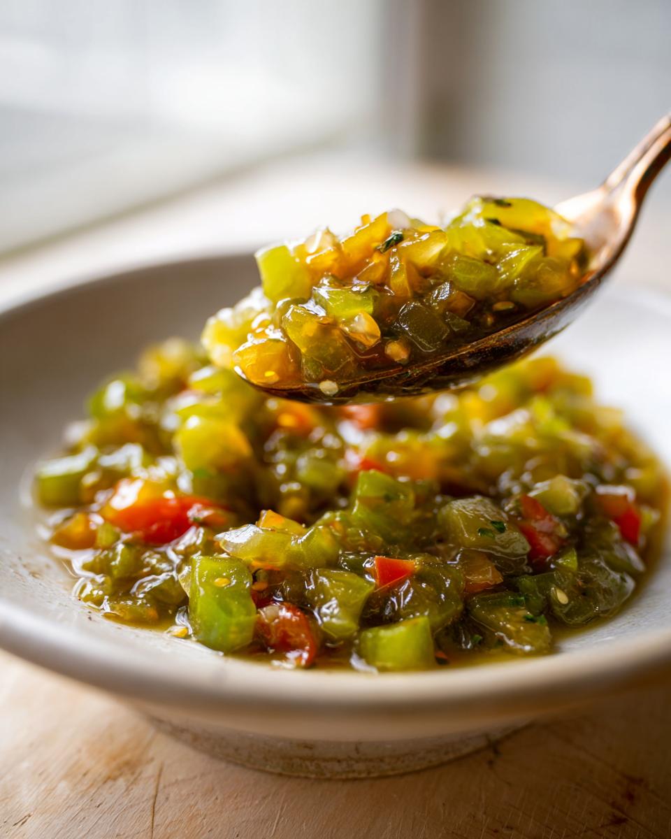 A copper spoon lifting a spoonful of chunky, glistening green tomato relish from a small bowl.