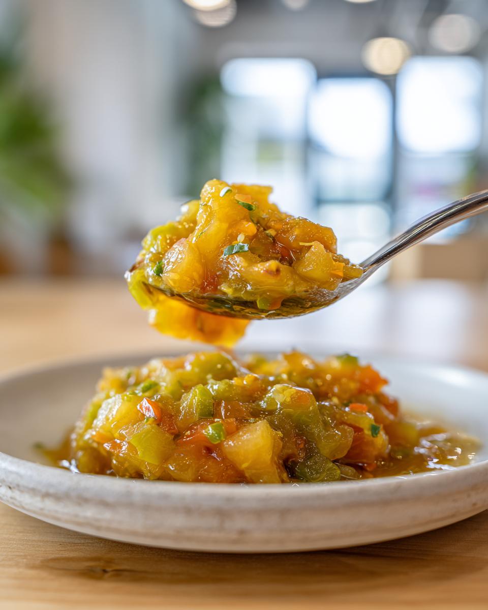 A spoonful of chunky, golden and green green tomato relish being lifted from a small bowl.