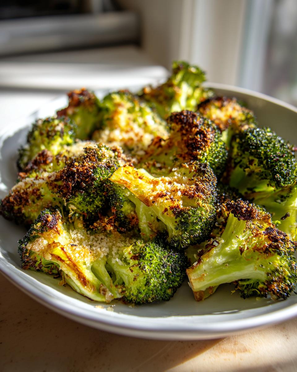 Close-up of perfectly charred and crispy roasted broccoli florets sprinkled with Parmesan cheese.