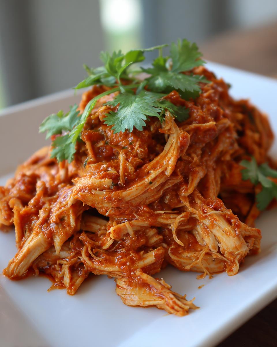 A close-up of vibrant, saucy shredded chicken tinga garnished with fresh cilantro sprigs on a white plate.