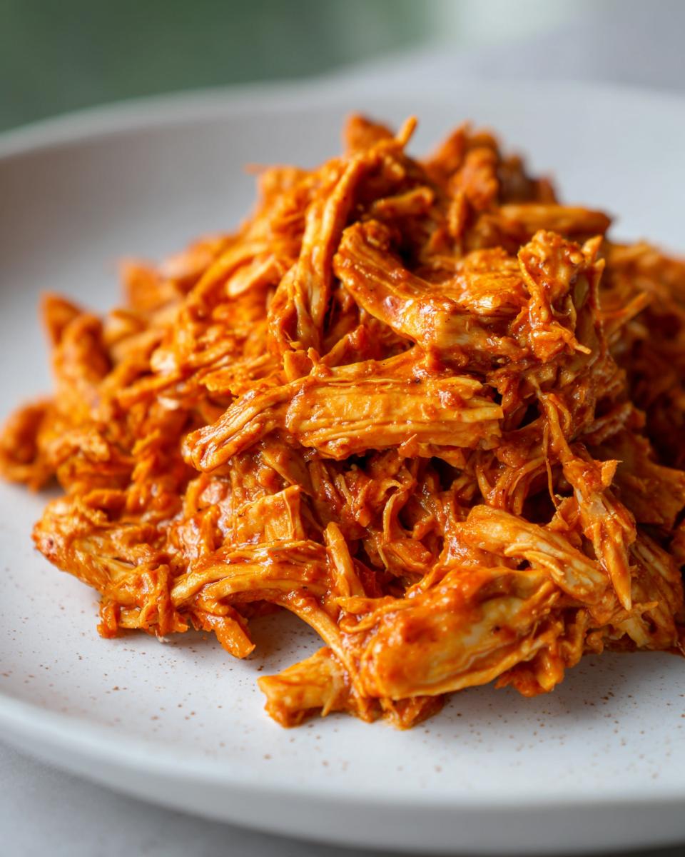 Close-up of perfectly shredded chicken tinga coated in a vibrant, rich red adobo sauce on a speckled white plate.