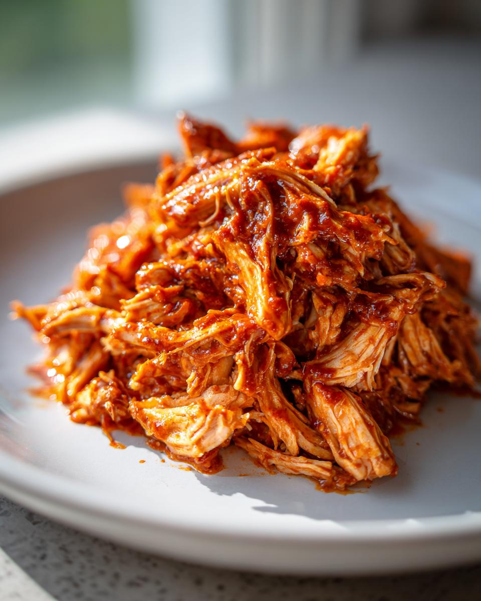 Close-up of a mound of shredded chicken tinga coated in a vibrant, rich red, smoky sauce on a white plate.