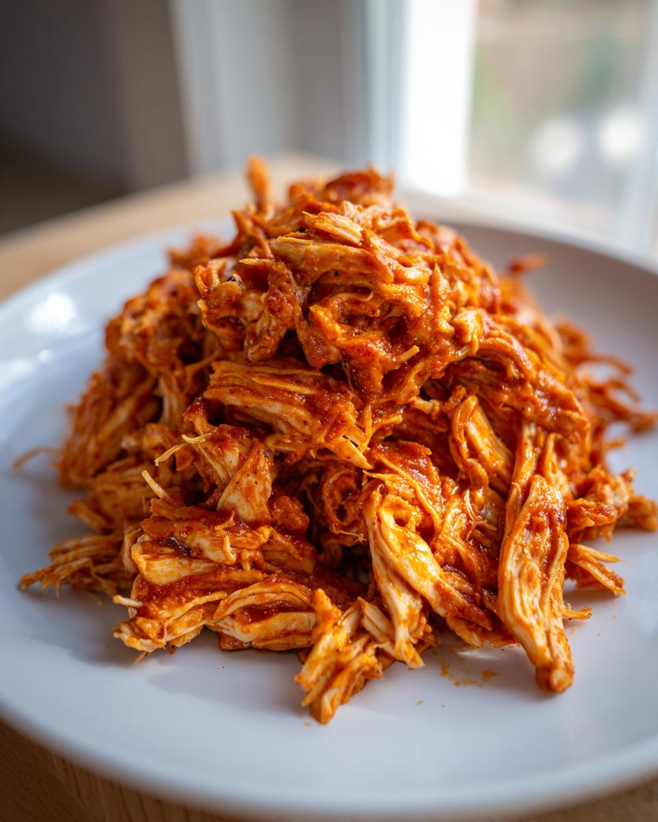 A close-up of a mound of saucy, shredded chicken tinga piled high on a white plate.