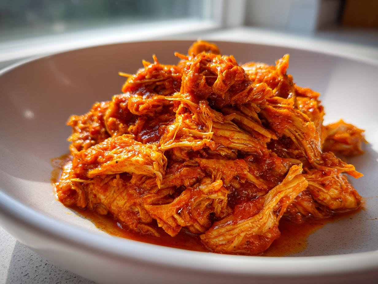 Close-up of vibrant, saucy shredded chicken tinga piled high in a shallow white bowl.