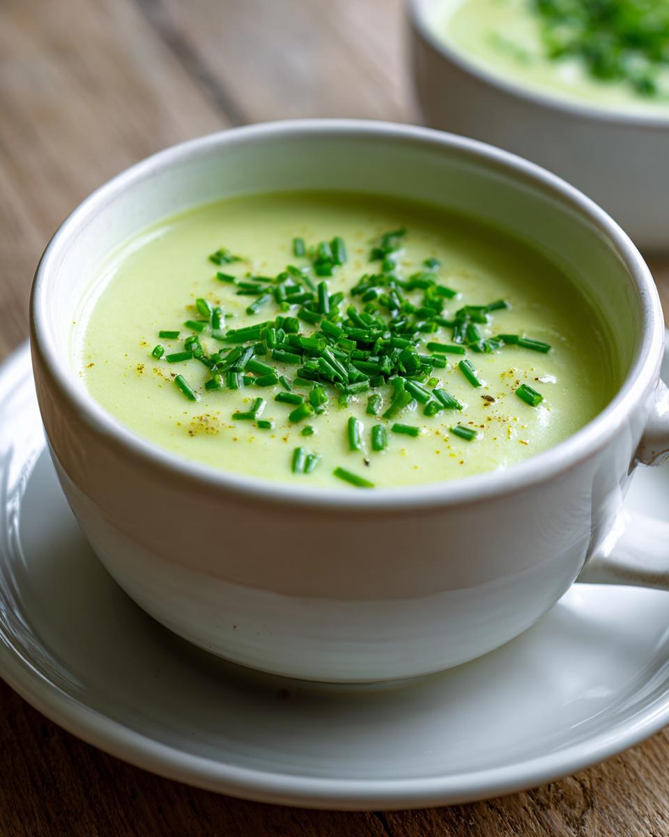 Close-up of a white bowl filled with silky smooth leek soup, topped generously with fresh green chives.