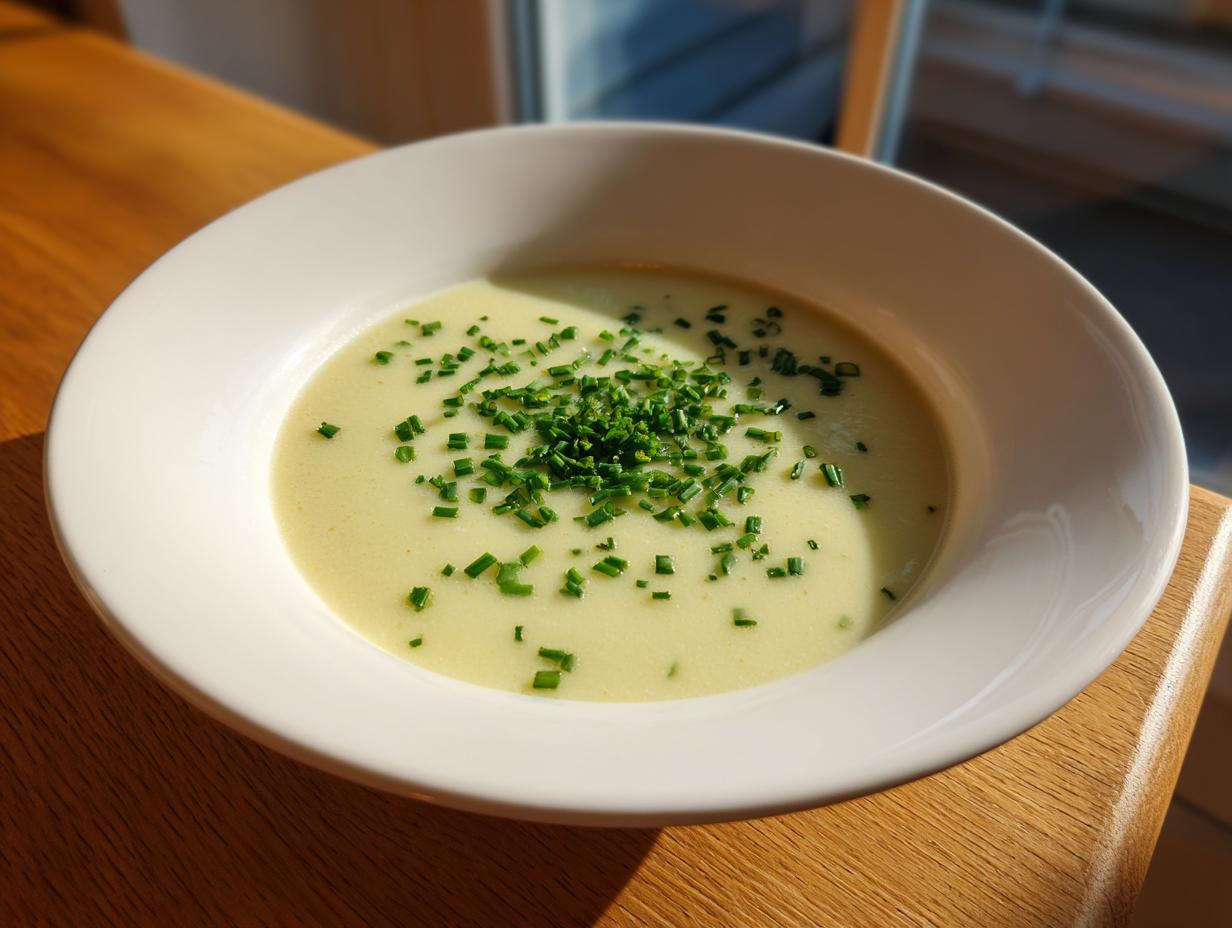 A bowl of silky smooth leek soup garnished generously with fresh chopped chives, sitting on a wooden surface.