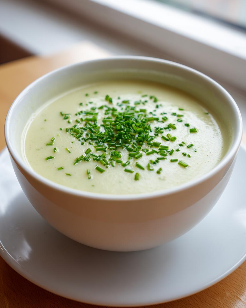 A close-up of a white bowl filled with silky smooth leek soup, garnished generously with fresh chopped chives.