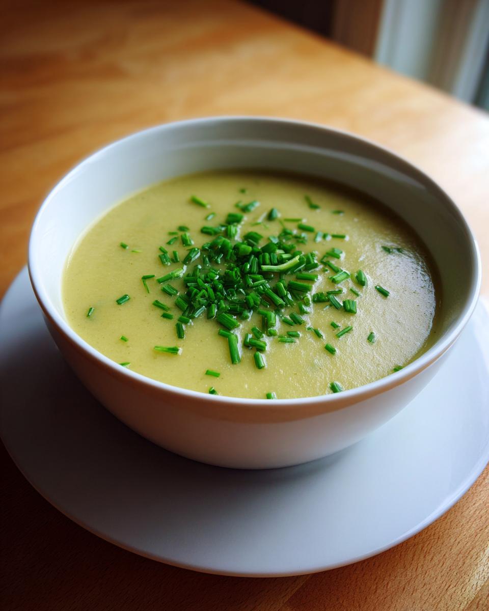 A close-up of a white bowl filled with silky smooth leek soup, topped generously with fresh chopped chives.