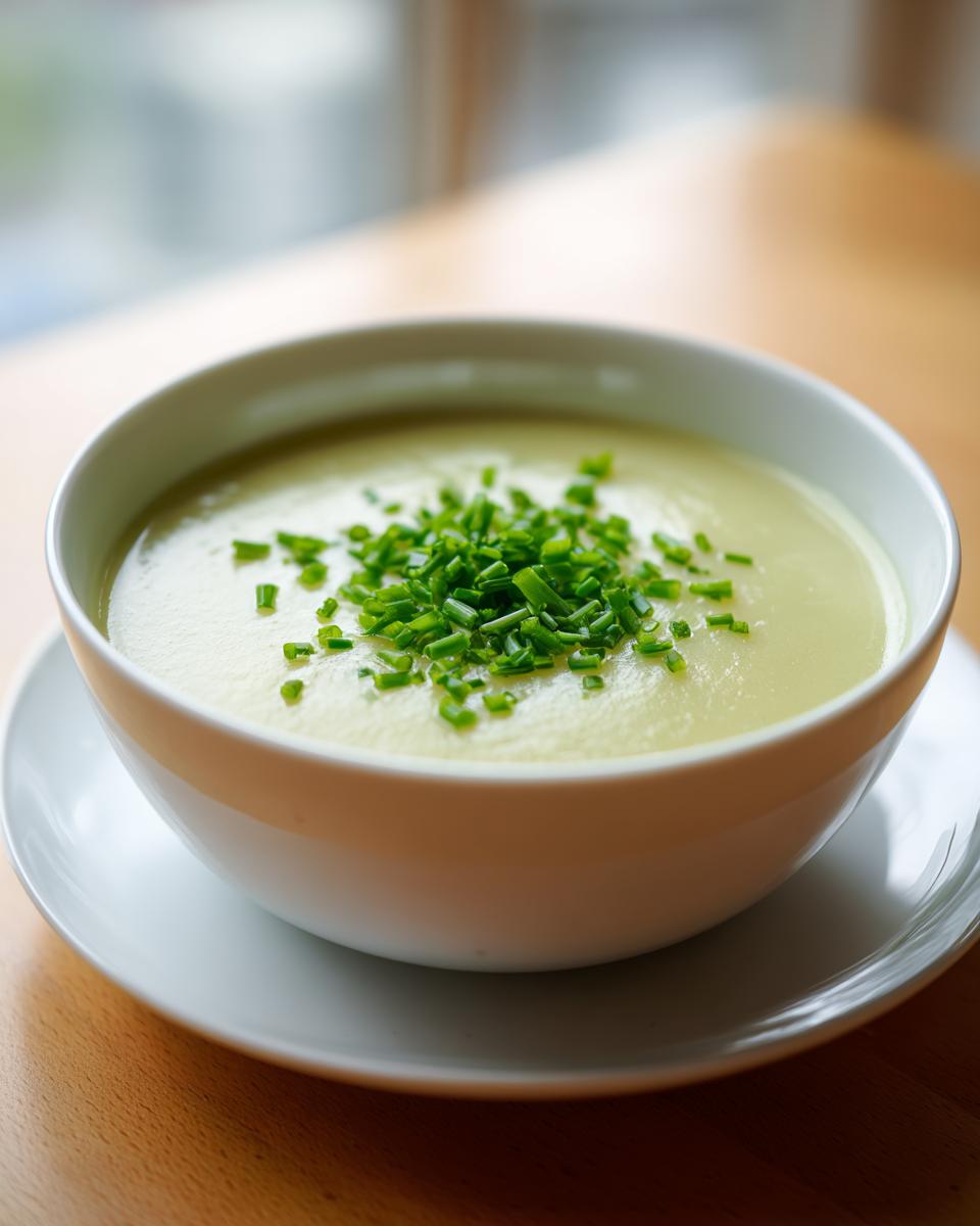 A close-up of a bowl of silky smooth leek soup topped with fresh chopped chives.