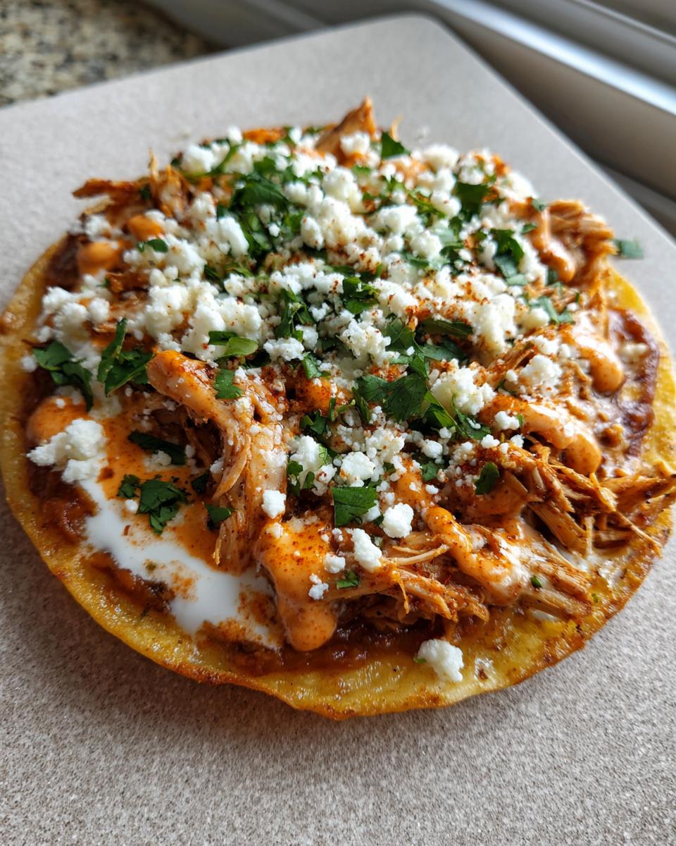 A single, fully loaded chicken tostadas featuring shredded chicken, crema, crumbled white cheese, and cilantro on a crispy tortilla.