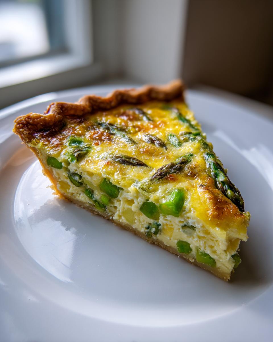 A close-up of a golden slice of asparagus quiche with visible green asparagus pieces on a white plate.