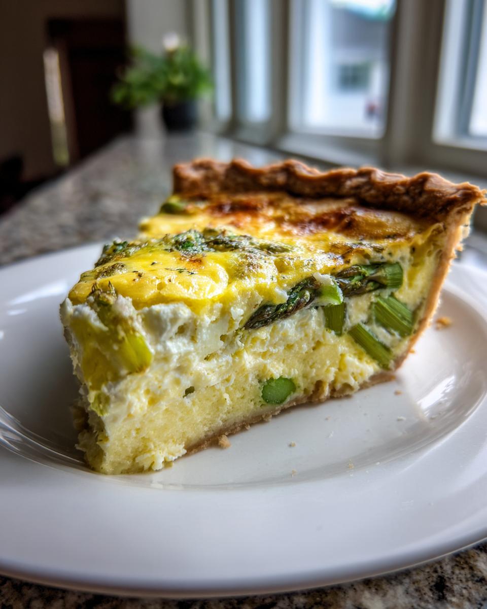 A thick slice of golden Asparagus quiche with visible green asparagus spears and creamy filling, served on a white plate.