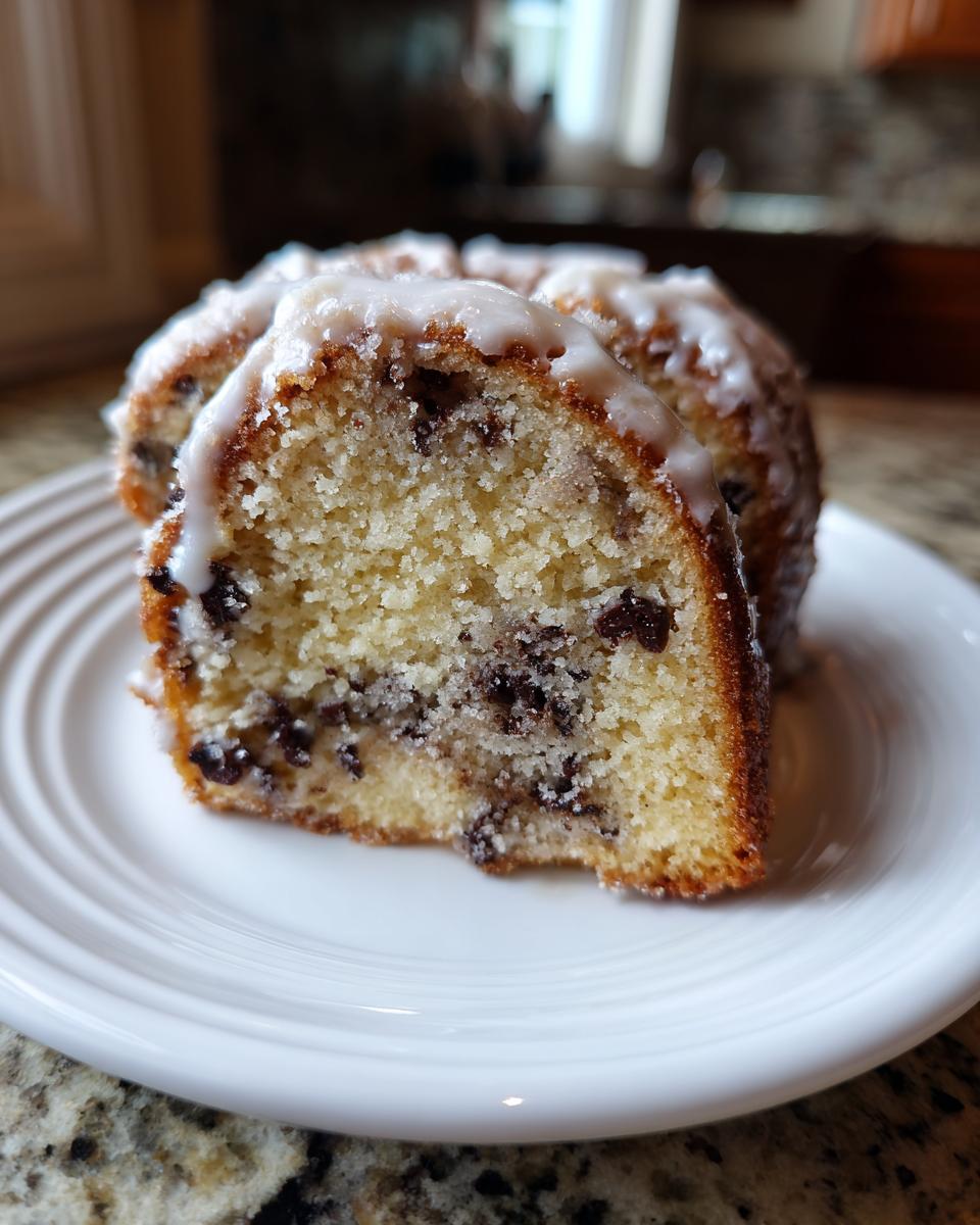 Close-up of a moist slice of chocolate chip bundt cake drizzled with white glaze, served on a white plate.