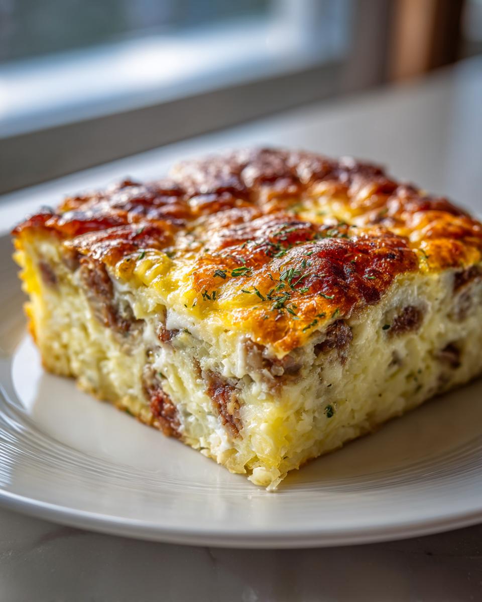 A square slice of baked breakfast casserole with a golden-brown, cheesy top, served on a white plate.