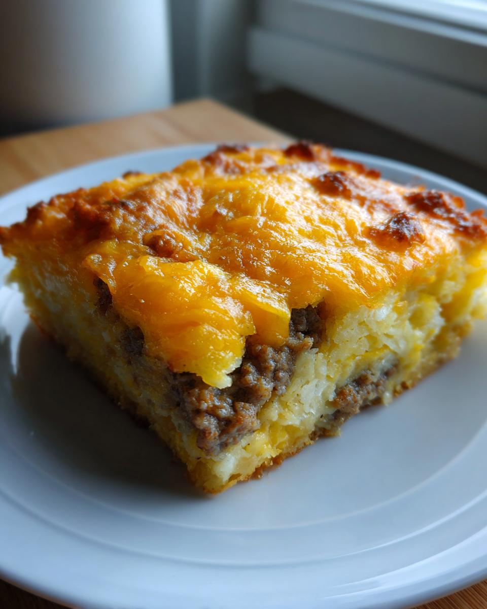 A square slice of cheesy breakfast casserole with sausage and potatoes on a white plate.
