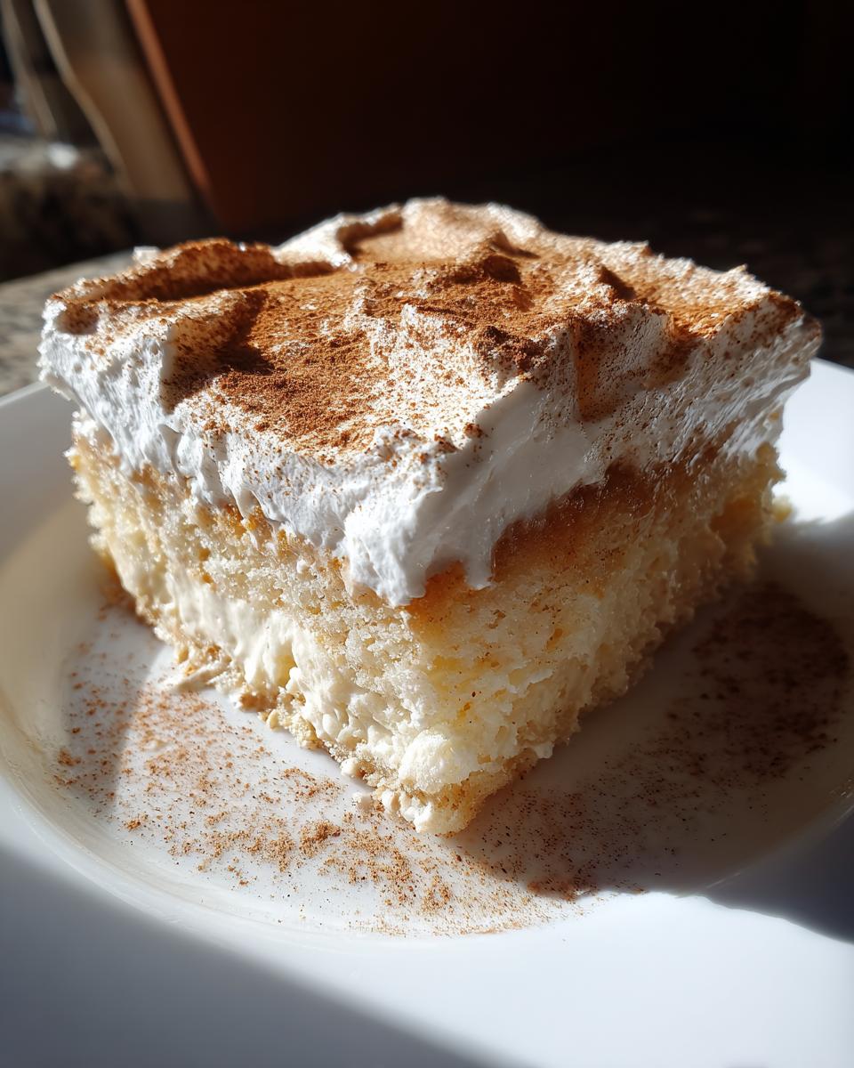 A square slice of moist Tres leches cake topped with whipped cream and dusted heavily with cinnamon.