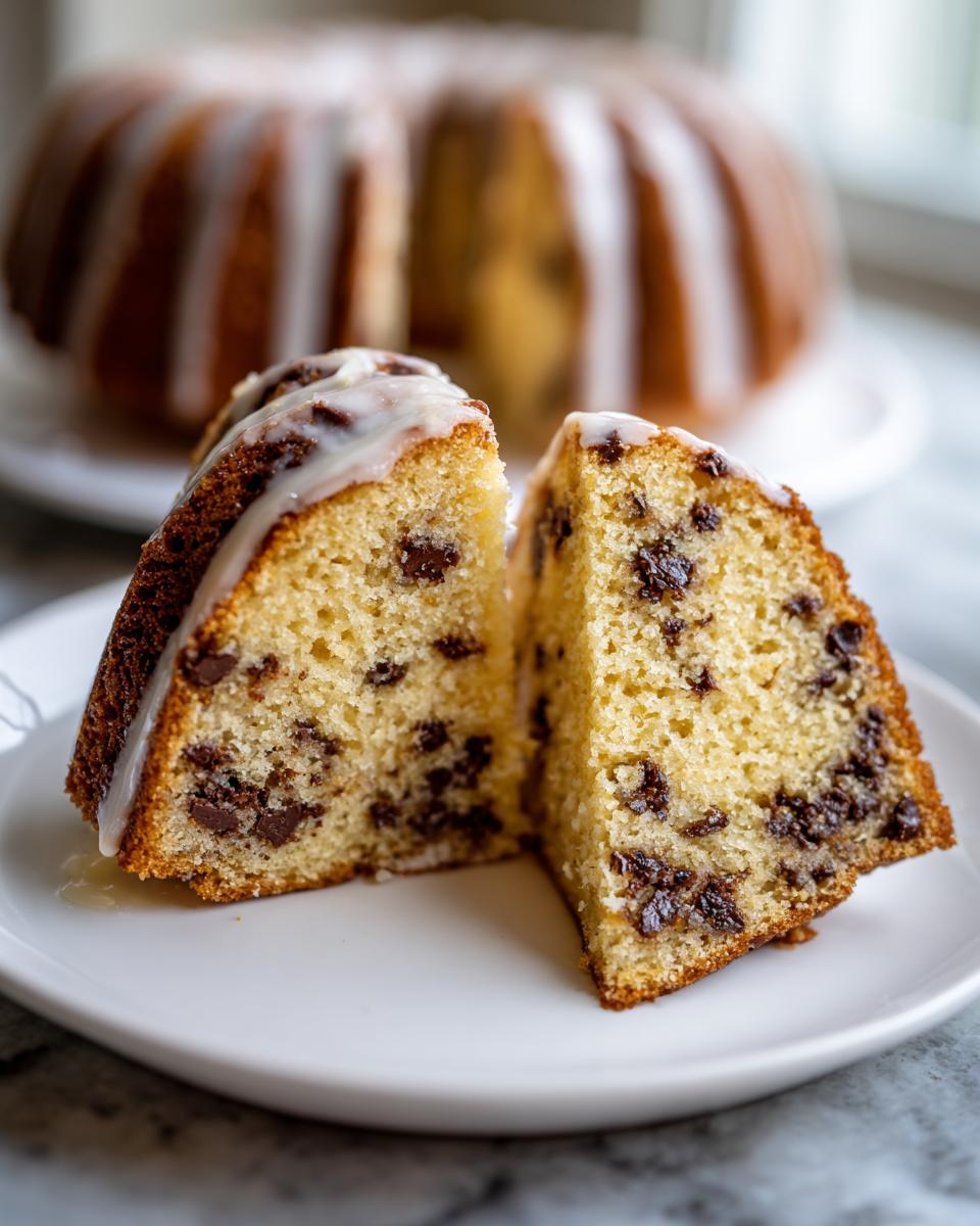 Two slices of moist chocolate chip bundt cake with vanilla glaze served on a white plate.