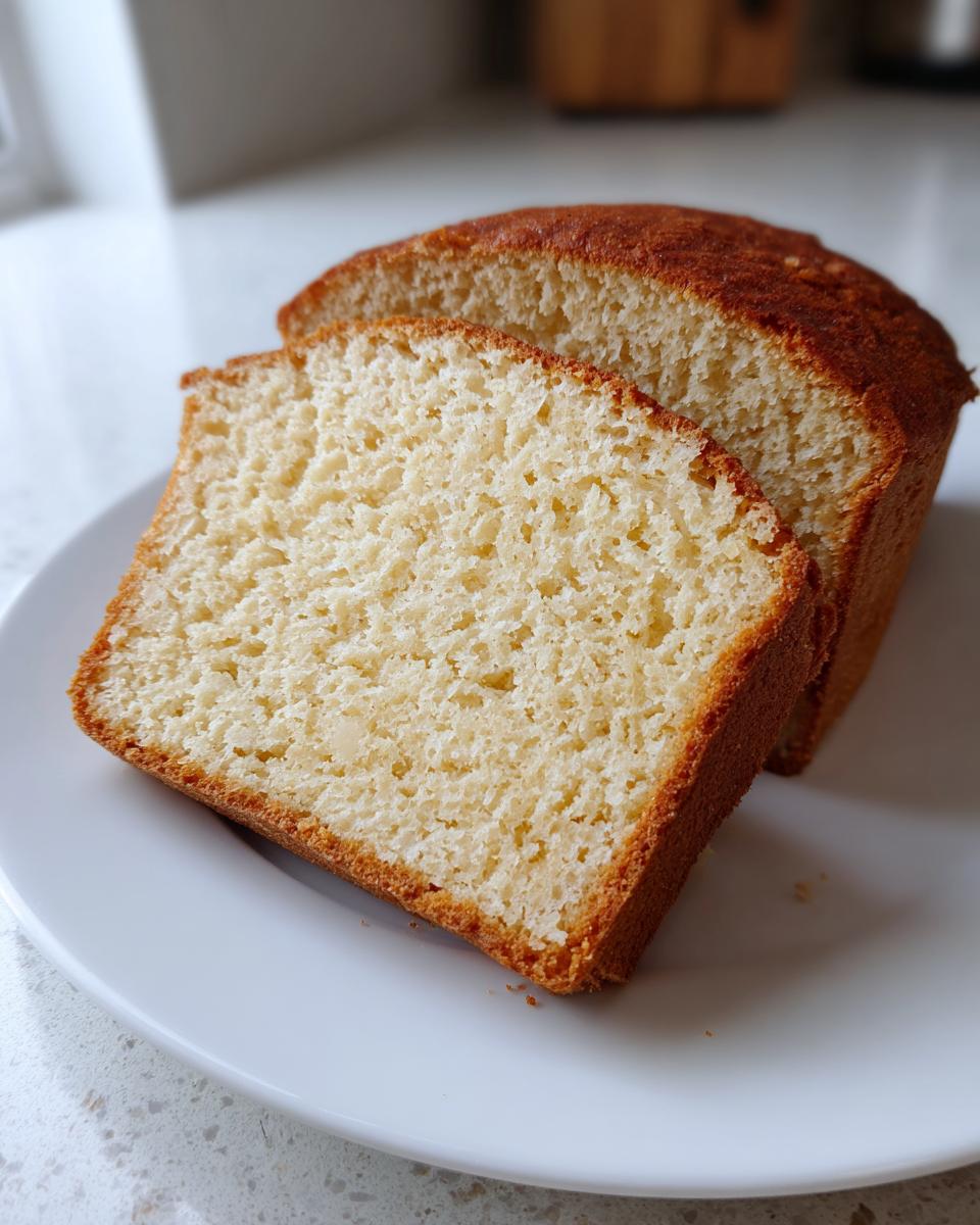 Two thick slices of light, fluffy gluten-free bread showing a soft interior texture and golden crust.