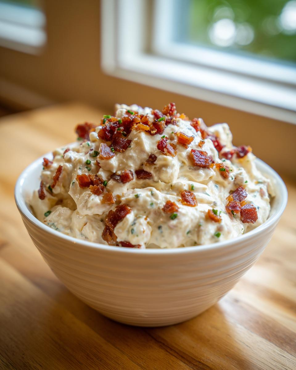 A creamy bowl of smoked cream cheese dip topped generously with crispy bacon bits and chives.